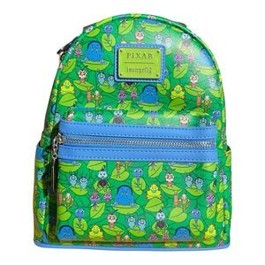 LOUNGEFLY Backpack Adult Green Disney Pixar A Bugs Life Mini All Over Blue Flik
